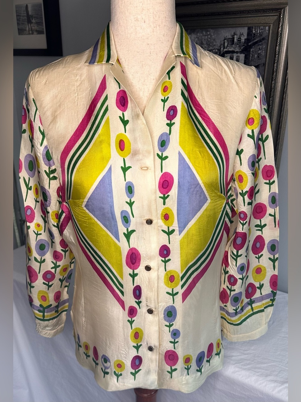 Vintage Alex Colman silk/rayon blouse with floral and geometric print. SZ SM/XS